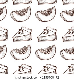 Pumpkin pie with cream seamless pattern. Hand drawn sketch of the pie piece and sliced piece of pumpkin. Thanksgiving Day vector background.  For identify the restaurant, packaging, menu design