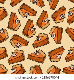 Pumpkin pie with cream seamless pattern. Hand drawn sketch of the pie piece. Thanksgiving Day vector illustration.  For identify the restaurant, packaging, menu design