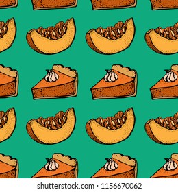 Pumpkin pie with cream seamless pattern. Hand drawn sketch of the pie piece and sliced piece of pumpkin. Thanksgiving Day vector background.  For identify the restaurant, packaging, menu design