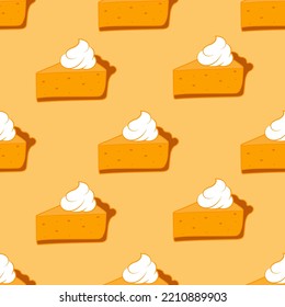 Pumpkin pie with cream seamless pattern.Drawing of pumpkin pie topped with whipped cream, traditional American Thanksgiving Day dessert.Vector illustration