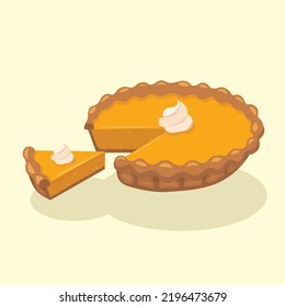 Pumpkin Pie and Cream with A Sliced Piece Vector Illustration | Flat Design Isolated | Halloween | Thanksgiving