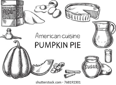 Pumpkin Pie. Creative conceptual vector. Sketch hand drawn American food recipe illustration, engraving, ink, line art, vector.