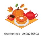 Pumpkin pie and a cup of coffee on a napkin vector illustration. Autumn decoration with cake, pumpkin and hot drink icon set on a white background. Pumpkin pie, coffee cup and autumn leaves drawing