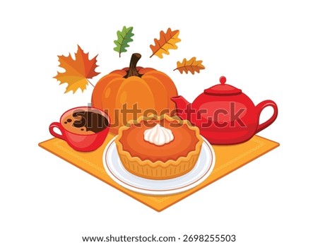 Pumpkin pie and a cup of coffee on a napkin vector illustration. Autumn decoration with cake, pumpkin and hot drink icon set on a white background. Pumpkin pie, coffee cup and autumn leaves drawing