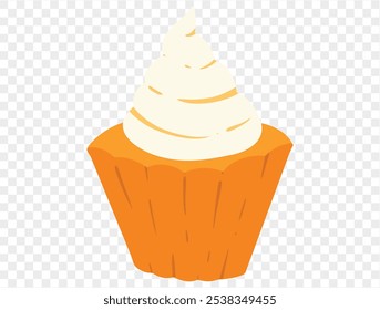 Pumpkin pie in cupcake shape with whipped cream on top,flat minimalist style. Ideal for Thanksgiving themed designs with transparent background for easy use.vector