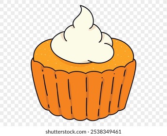 Pumpkin pie in cupcake shape with whipped cream on top,flat minimalist style. Ideal for Thanksgiving themed designs with transparent background for easy use.vector