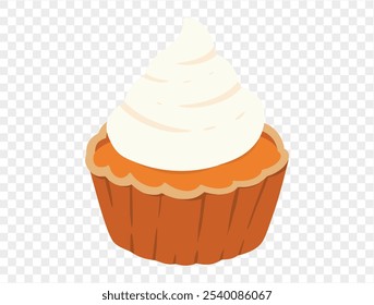 Pumpkin pie in cupcake shape with whipped cream on top,flat minimalist style. Ideal for Thanksgiving themed designs with transparent background for easy use.vector