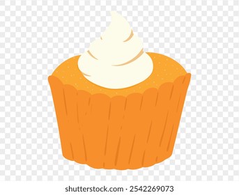 Pumpkin pie in cupcake shape with whipped cream on top,flat minimalist style. Ideal for Thanksgiving themed designs with transparent background for easy use.vector