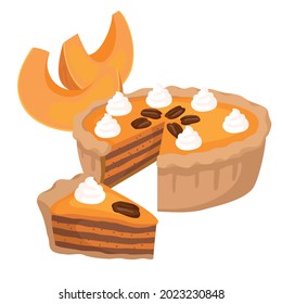 Pumpkin pie cut, slice, pumpkin slices . Vector clipart ,white background.