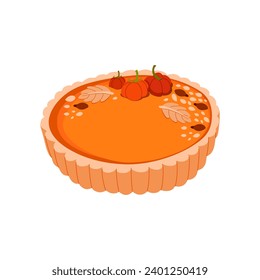 Pumpkin pie decorated with small pumpkins and seeds. Thanksgiving and Holiday Christmas sweet cake. Tasty sweet desserts. Illustration for recipe cookbook. Vector flat illustration.