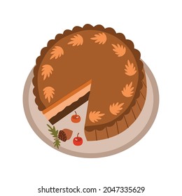 Pumpkin pie garnished with leaves and berries. Autumn cream cake on a platter. Carrot pie with filling. Vector illustration 
