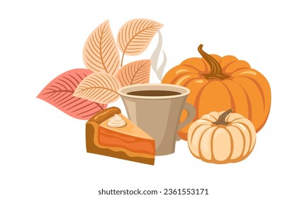 Pumpkin pie and hot drink, decorative composition with ripe pumpkins and autumn foliage, vector illustration, greeting card, design element.