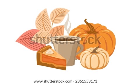 Pumpkin pie and hot drink, decorative composition with ripe pumpkins and autumn foliage, vector illustration, greeting card, design element.
