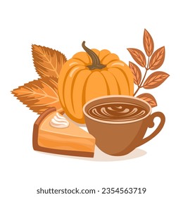 Pumpkin pie with hot drink and large orange pumpkin vegetable with fall leaves decoration, cozy autumn vector illustration. 
