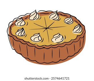 Pumpkin pie illustration with whipped cream dollops on a golden crust. Vector doodle hand drawn design food element isolated on white background