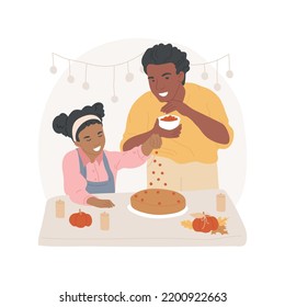 Pumpkin pie isolated cartoon vector illustration  Happy father   smiling daughter cooking pumpkin pie together  Thanksgiving Day dessert  traditional food  public holiday vector cartoon 