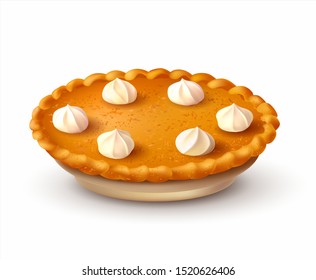 Pumpkin pie isolated on white. Traditional dessert for Thanksgiving dinner. Vector illustration.