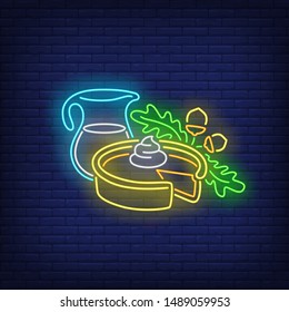 Pumpkin pie and jar of milk neon sign. Glowing neon pie. Pastry, pumpkin, milk, Thanksgiving day. Night bright advertisement. Vector illustration in neon style for cafe and restaurant