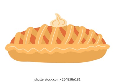 Pumpkin pie with lattice crust and whipped cream on top. Hand drawn flat vector illustration.
