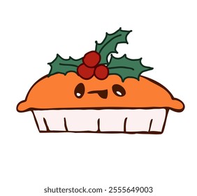 Pumpkin pie, minced pie with holly on the top. Cute hand drawn character. 