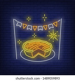 Pumpkin pie in neon style. Glowing neon pie. Pastry, pumpkin, Thanksgiving day. Night bright advertisement. Vector illustration in neon style for cafe and restaurant