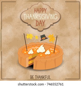 Pumpkin Pie on Kraft Happy Thanksgiving Day Card. Retro Style. Vector Illustration.