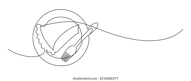 Pastel de calabaza en el plato. Dibujo de línea continua. Doodle de frontera de marco de comida.  