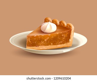 Pumpkin Pie On Plate. Traditional Dessert For Thanksgiving Dinner. Vector Illustration.