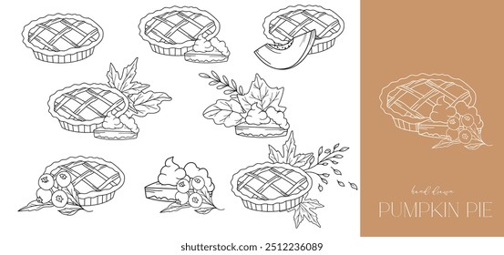 Pumpkin Pie outline isolated on white. Pumpkins line art ilustration. Fall Pumpkins Hand Drawn. Fall Coloring Page. Traditional Thanksgiving Pie