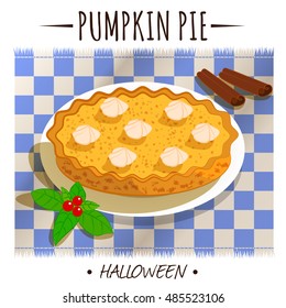 Pumpkin pie plate quiche. Festive table wooden tablecloth napkin cinnamon berries cranberries red currant dessert. Colorful cartoon style