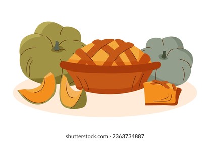 Pumpkin pie and pumpkins on a white background. Thanksgiving concept. 