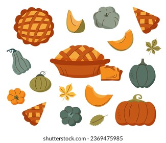 Pumpkin pie and pumpkins on a white background. Thanksgiving concept.	