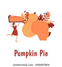 Pumpkin pie recipe book page or card with tiny female character with huge orange pumpkins, flat cartoon vector illustration. Thanksgiving food menu card template.