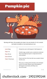 Pumpkin pie recipe card design with cartoon female character carrying a piece of cake. Traditional Thanksgiving pumpkin pie recipe book page, cartoon vector illustration.