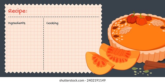 Pumpkin Pie Recipe cards. Culinary book blank pages. pumpkin Pie recipe illustration. Cookbook stickers, cute home menu. Print for design of menus and Cookbook. Cartoon vector illustration.