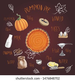 Pumpkin pie recipe. Hand drawn  illustration. recipe card. 