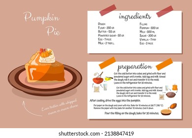 Pumpkin pie recipe. Step-by-step cooking with ingredients, home cookbook. Cooking is simple. Thanksgiving Day card