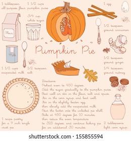 Pumpkin Pie Recipe. Thanksgiving Day Card.