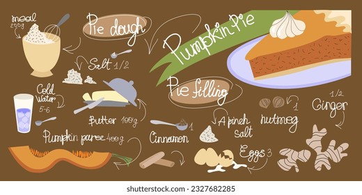 Pumpkin pie recipe. Thanksgiving Day card. Cute hand drawn vector illustration.