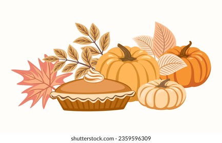 Pumpkin pie and ripe pumpkins with fall leaves decoration, Thanksgiving card, cozy autumn vector illustration.