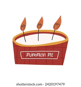 Pumpkin pie scented candle with three wicks, cartoon flat vector illustration isolated on white background. Cute hand drawn autumn candle. Cozy home decor.