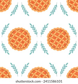 Pumpkin pie seamless pattern. Baking, pastry. Hello autumn, Thanksgiving Day. World Pie Day. Vector illustration in flat style