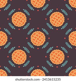 Pumpkin pie seamless pattern. Baking, pastry. Hello autumn, Thanksgiving Day. World Pie Day. Vector illustration in flat style