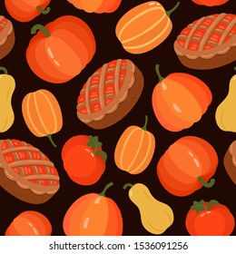 Pumpkin pie seamless pattern. Orange yellow colors on dark background. Cartoon pumpkins and lattice pie with jam. Thanksgiving day vector illustration. Backdrop for card, sale banner, wrapping paper.