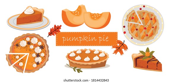 Pumpkin PIE set: pie cut, slice, pie on top, pumpkin slices. Vector, white background, isolated.