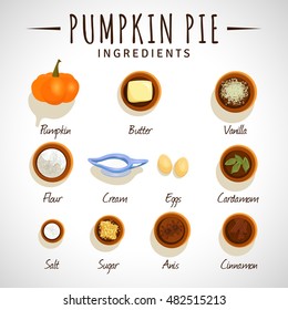 Pumpkin pie. Set ingredients Cartoon style. Wooden table pumpkin butter vanilla flour cream eggs cardamom salt sugar anise cinnamon products seasoning spices table wooden bowl holiday