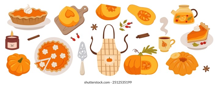 Pumpkin pie set. Pumpkin slice, spices, meringues, whole pie, piece of pie, apron, teapot. Set of bright vector elements for Thanksgiving recipes.