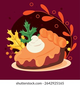 Pumpkin pie slice with cream. Vector illustration