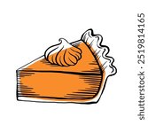 Pumpkin pie slice drawing, vector outline illustration, engraving, black line and orange stain, sketch style, isolated on a white background