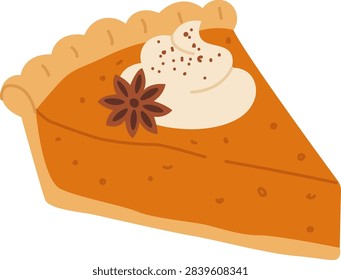 Pumpkin pie slice with flaky crust, whipped cream, spice star anise, and sprinkled topping in cartoon style. Comfort food, autumn treat, home baking, warmth. Cartoon vector illustration.